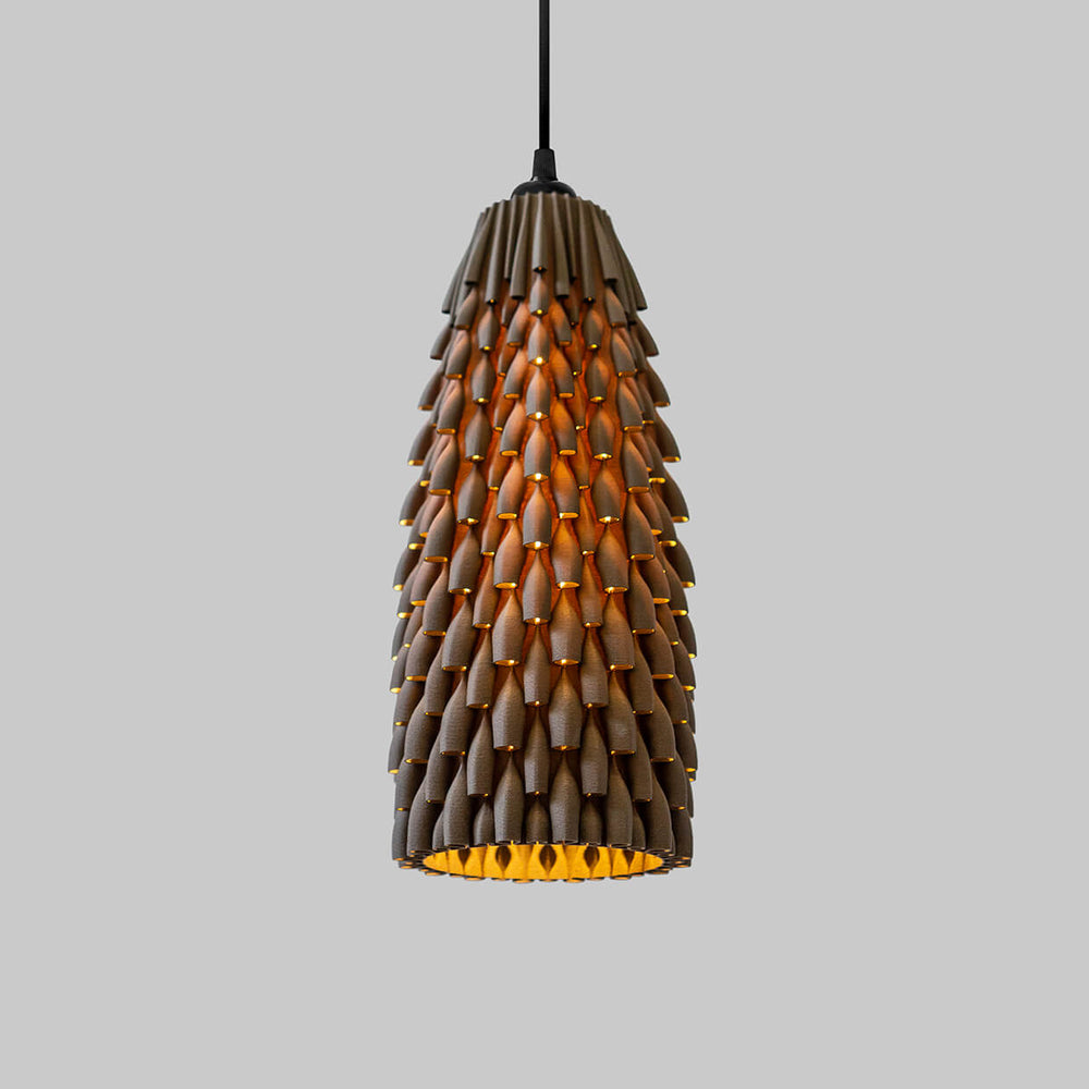 
                  
                    3d Printed Lampshade Armadillo Ebony size Medium, light turned on. Made from composite material: coconut fibers and PLA, a renewable compound made of corn
                  
                