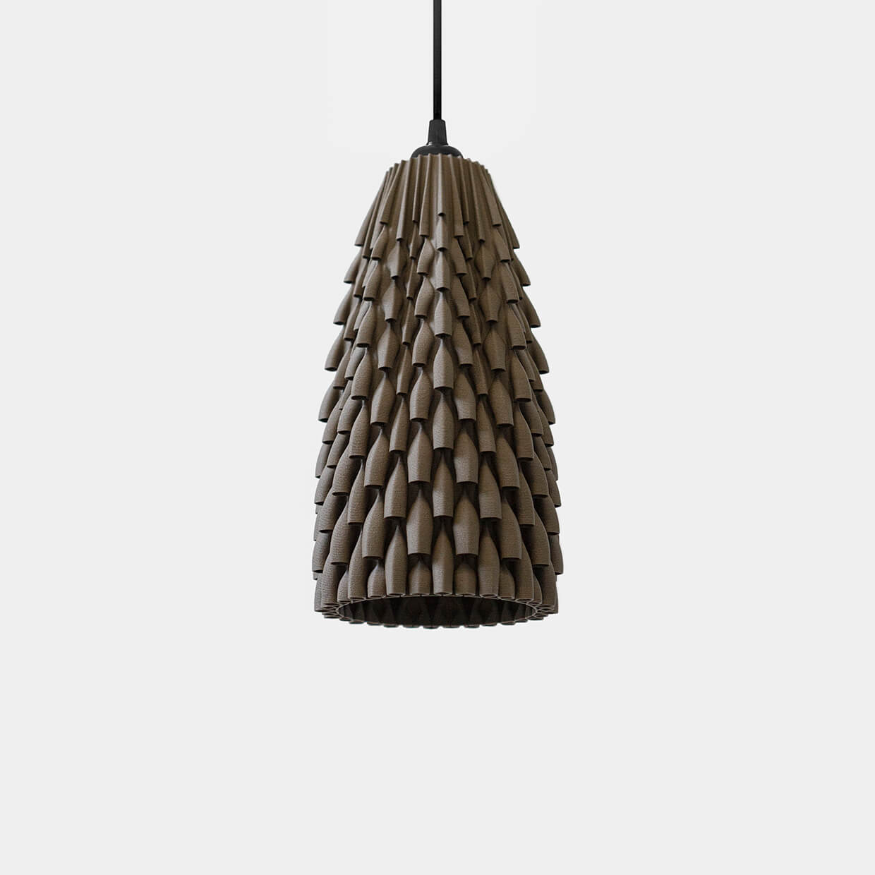 
                  
                    3d Printed Lampshade Armadillo Ebony size Small, light turned off. Made from composite material: coconut fibers and PLA, a renewable compound made of corn
                  
                
