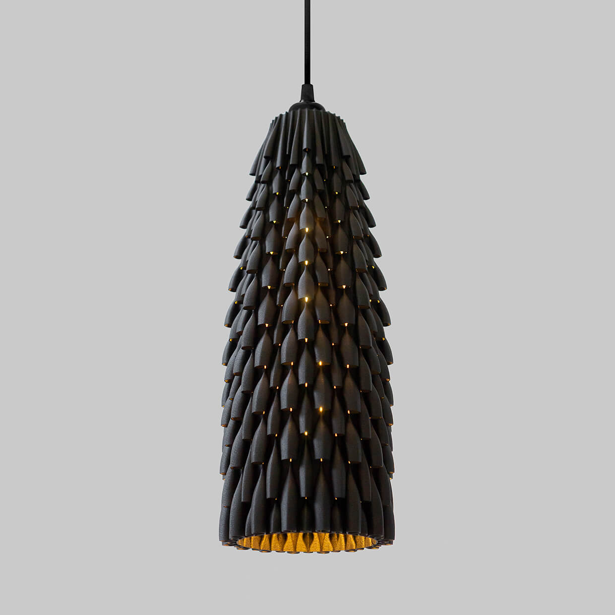 3d Printed Lampshade Armadillo Ebony size Large, light turned on. Made from composite material: ebony wood fiber and PLA, a renewable compound made of corn