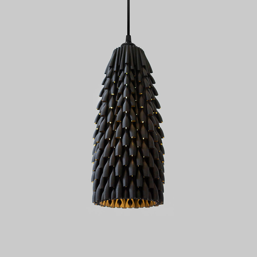 
                  
                    3d Printed Lampshade Armadillo Ebony size Medium, light turned on. Made from composite material: ebony wood fiber and PLA, a renewable compound made of corn
                  
                