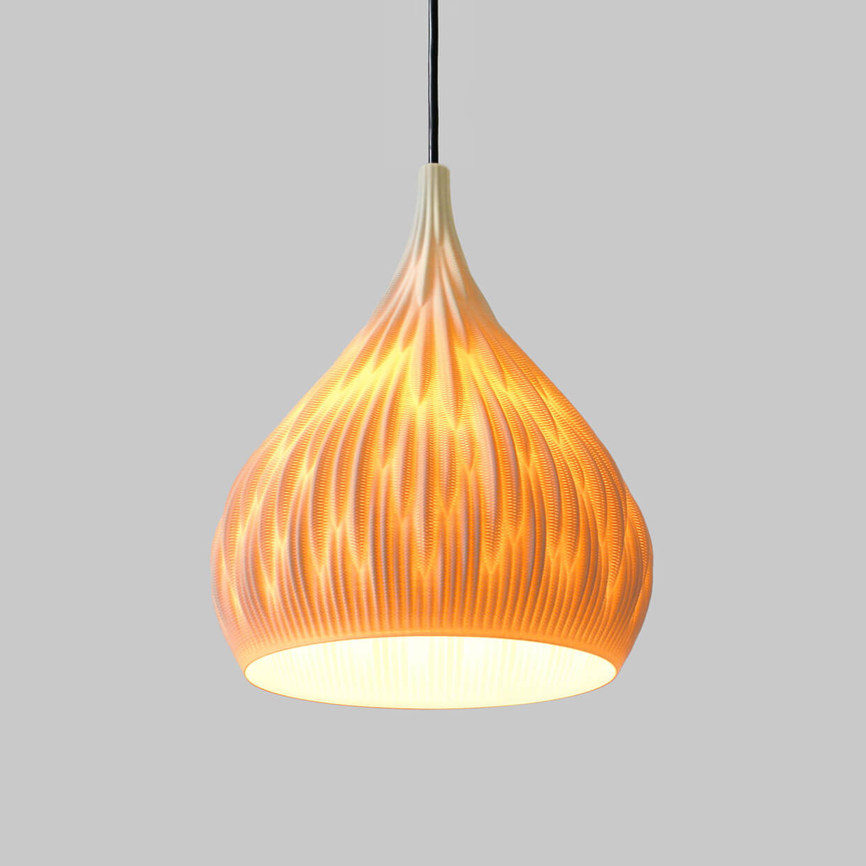 Flax 3D Printed Lamp Lights turned ON. Made from biodegradable composite material with flax fibers