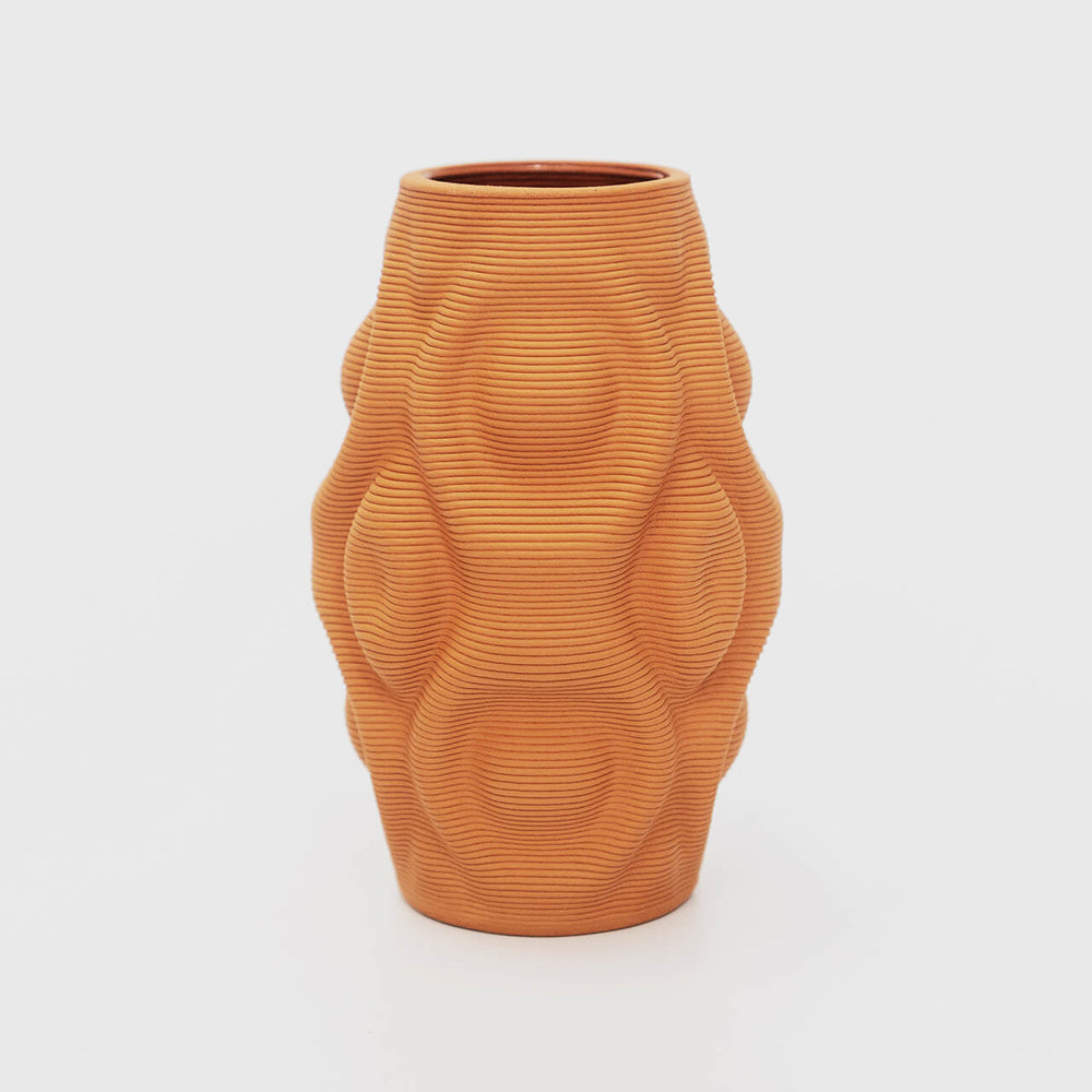 The vase's design features a curvaceous body, mimicking the gentle flow of water. It showcases organic ripples that undulate gracefully, evoking a sense of movement and fluidity. The shape is derived from mathematical formulas, meticulously translated into a 3D printed ceramic vase